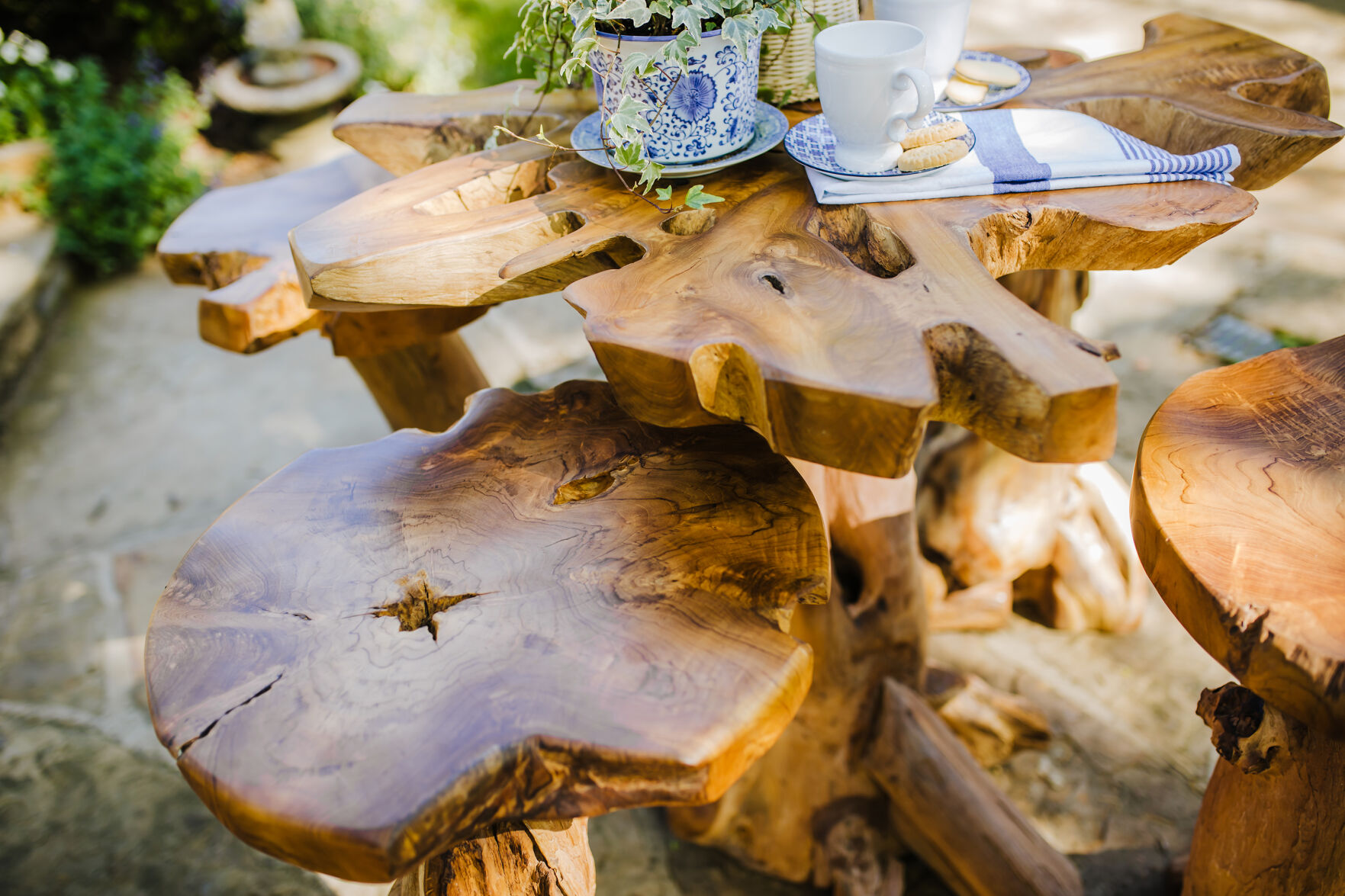 Close up of the teak root pub table